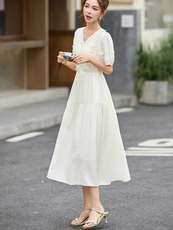 高级感天丝连衣裙女2025夏季新款气质减龄小个子收腰显瘦A字裙子，女装连衣裙，涵亦佰惠