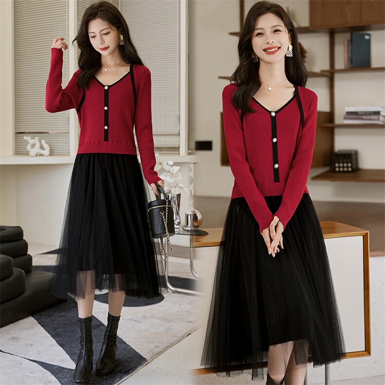 《新品现货》气质优雅V领拼色连衣裙，女装连衣裙，魅丽静蓝