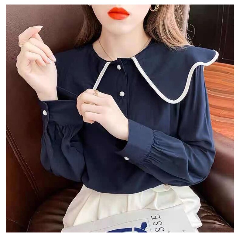 法式复古衬衫女秋装灯笼袖2021新款设计感小众洋气娃娃领长袖上衣图片
