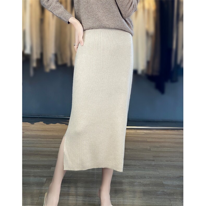 2025年秋季新款双开叉抽条显瘦针织女士半身裙时尚休闲通勤百搭，女装半身裙，江杉羊绒