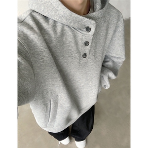 美式重磅纽扣连帽卫衣男女秋季小众潮牌宽松慵懒风外套D381 P50图片