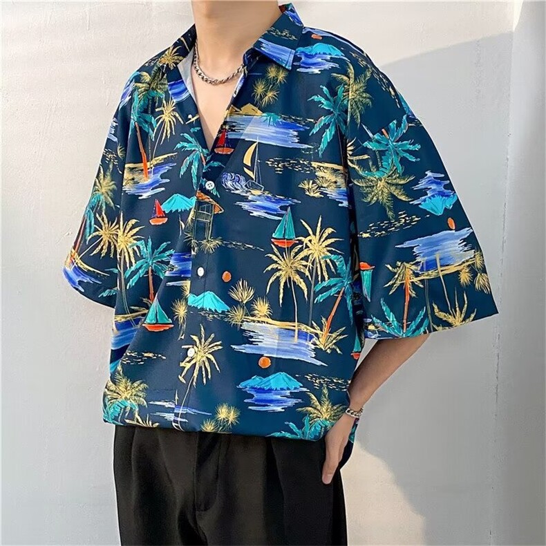 夏威夷碎花短袖衬衫男夏季薄款宽松休闲沙滩度假风情侣装半袖上衣,男装衬衫,星座410-7