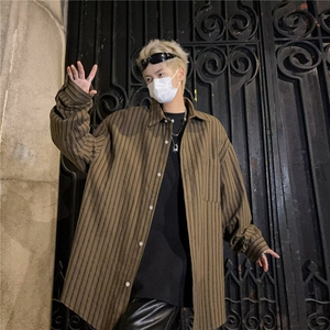 F121-P36 日系复古条纹长袖衬衫男春季新款潮牌宽松休闲衬衣图片
