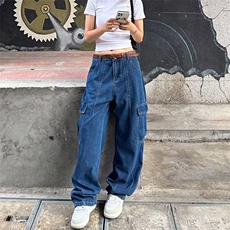 深蓝色工装牛仔裤女2025春夏季新款高腰显瘦美式高街直筒阔腿裤，男装牛仔裤，星座506A