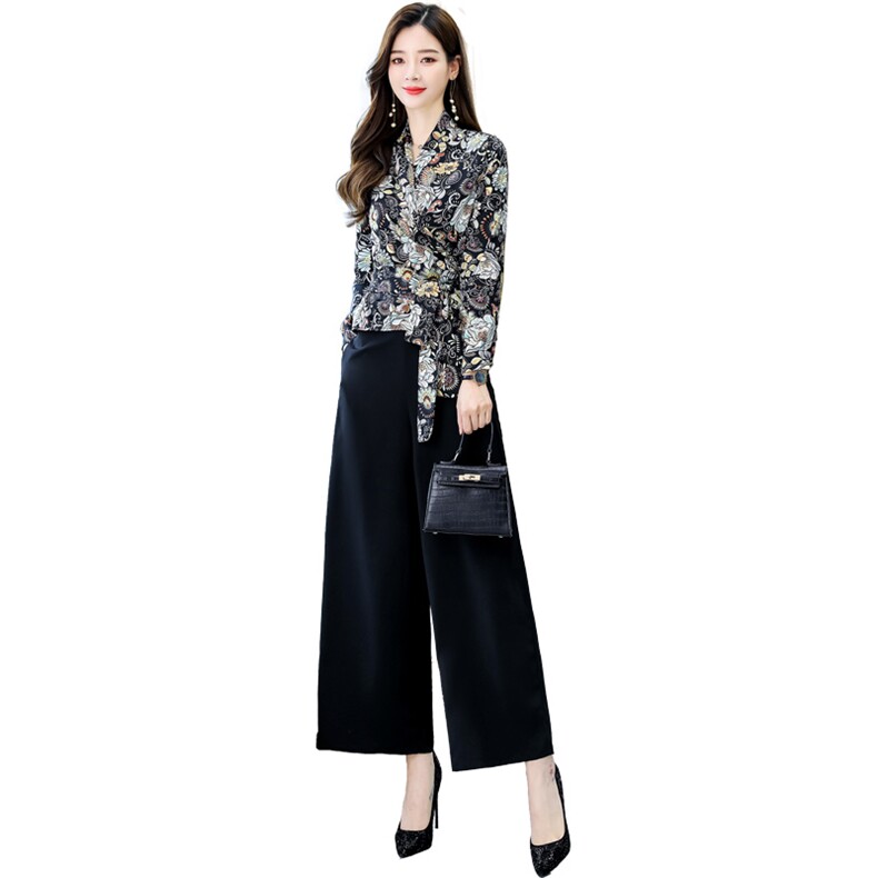 2021春秋装新款印花时尚阔腿裤套装两件套,女装套装/套裙,天丝秀