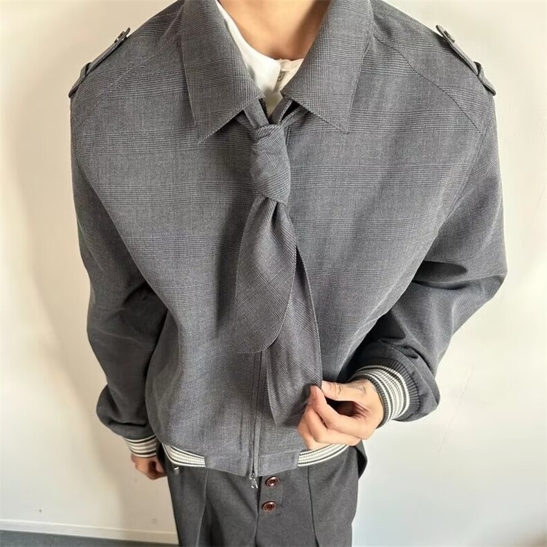 美式重磅可拆卸领结千鸟格领结花纹翻领夹克男女春秋季老钱风外套,男装夹克,星座506A