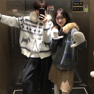 重磅北极绒座山雕毛衣外套冬美式复古休闲慵懒风大毛毛领针织开衫图片