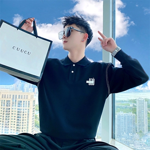 AW15/P78控108秋季社会小伙polo衫领炸街痞帅套头长袖卫衣男黑首2图片
