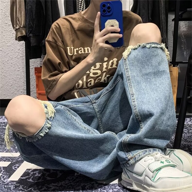 美式街头破洞牛仔裤hiphop港风复古裤子男潮宽松穿搭阔腿裤,男装牛仔裤,星座601-2