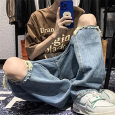 美式街头破洞牛仔裤hiphop港风复古裤子男潮宽松穿搭阔腿裤，男装牛仔裤，星座601-2