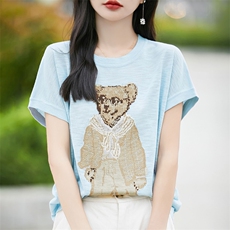 时尚印花冰丝针织短袖T恤女2025夏宽松薄款透气显瘦小飞袖上衣t恤，女装T恤，暖烁羊绒