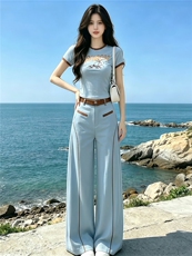 松弛感时尚减龄套装女夏季新款圆领印花短袖上衣阔腿长裤两件套潮，女装套装/套裙，江南