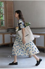 蓝白色碎花长款连衣裙，女装连衣裙，喜午