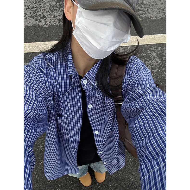 格子衬衫春夏美式蓝色格子衬衫港风情侣装休闲长袖衬衣CS276-P35,男装衬衫,星座301C-5