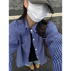 格子衬衫春夏美式蓝色格子衬衫港风情侣装休闲长袖衬衣CS276-P35，男装衬衫，星座301C-5