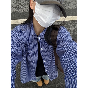 格子衬衫春夏美式蓝色格子衬衫港风情侣装休闲长袖衬衣CS276-P35图片