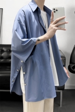 新款纯色侧边排扣开叉小众男女短袖衬衫A071-C17-P35，男装T恤，电商A071