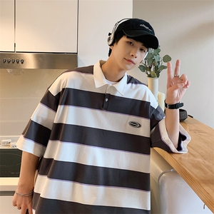 !条纹翻领宽松纯棉polo衫短袖男T恤XP221-P40控68图片