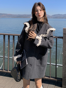 2025春季新款蕾丝气质海军领灰色小西装外套女中长款宽松休闲西服图片