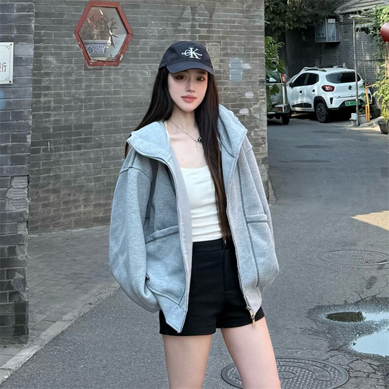 抖音得物高品质秋冬美式高街重磅结构辑明线纹理连帽卫衣外套W111,女装短外套,电商A486-1