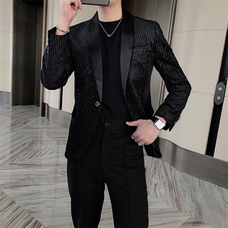 新款亮片条纹修身小西装外套男韩版网红夜店个性西服 XZ021-P135图片