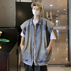 美式复古垫肩牛仔马甲男潮牌设计感小众工装外套叠穿无袖坎肩背心，男装背心/马甲，星座505-2（原电商A260-1)