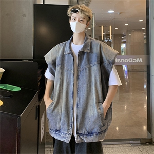 美式复古垫肩牛仔马甲男潮牌设计感小众工装外套叠穿无袖坎肩背心图片