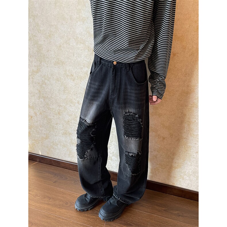 经典直筒时尚ins休闲复古牛仔裤嘻哈街头潮款破洞牛仔裤K935TP55,男装牛仔裤,电商A102B