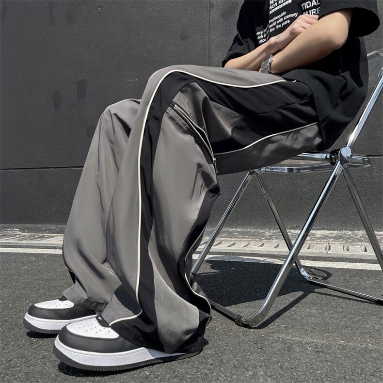 美式复古重磅休闲裤男女宽松垂感bella拖地直筒线条撞色运动裤潮图片