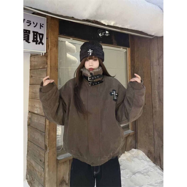 网图美式复古毛领十字架座山雕外套棉服男女冬季加厚保暖棉袄,男装棉衣,电商C307