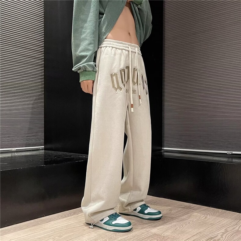 麂皮绒休闲裤男韩版潮字母刺绣2024秋冬新款ins宽松长裤K3021-P37,男装休闲裤,星座412-3