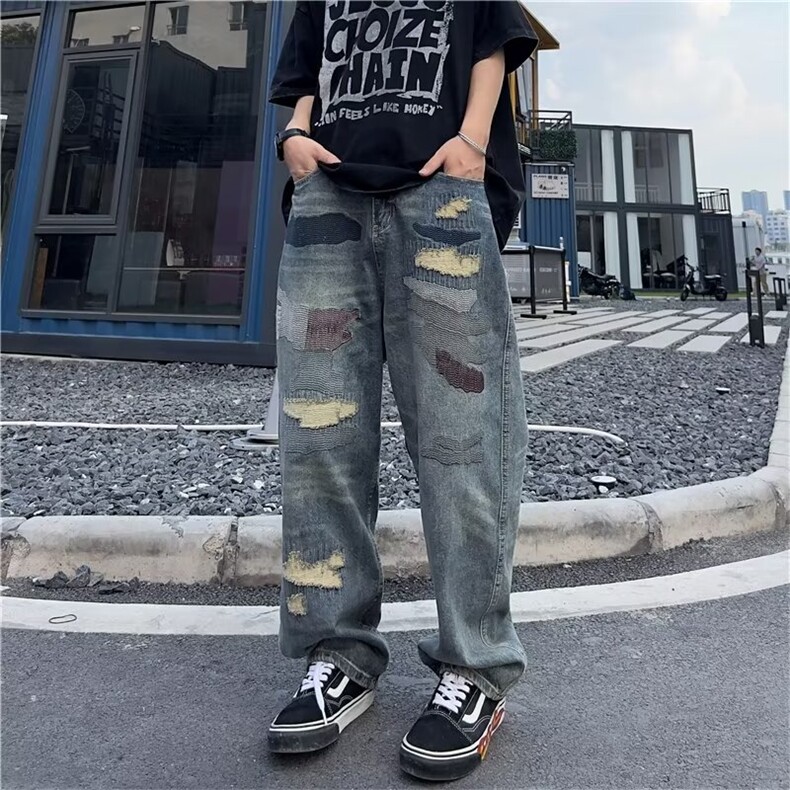 美式高街风复补丁古做旧水洗牛仔裤潮牌男女宽松潮流直筒长裤,男装牛仔裤,星座716-2