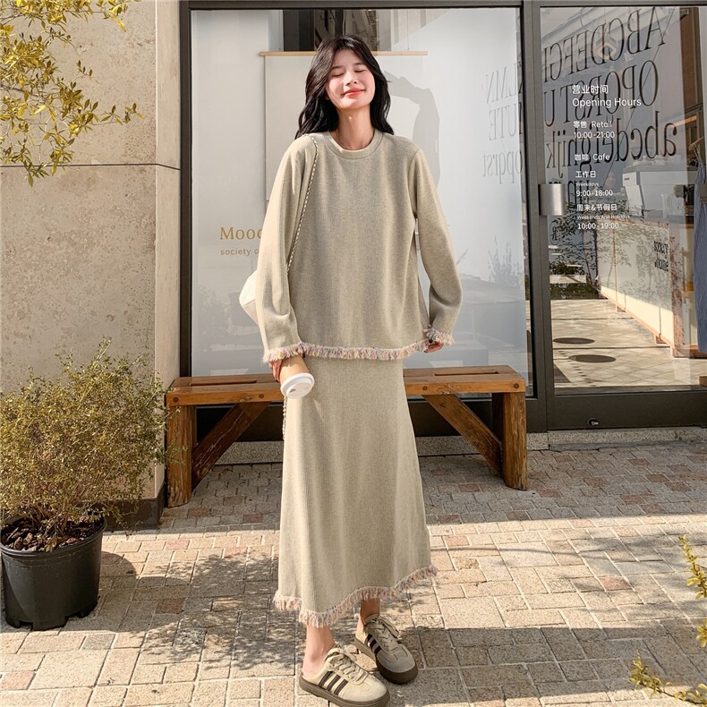 慵懒松弛感穿搭套装女2025秋季新款彩色流苏针织上衣半身裙两件套,女装套装/套裙,2C201