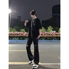 B221美式ins高街简约小众设计毛边破洞牛仔裤LK23067-P60控78，男装牛仔裤，电商B221