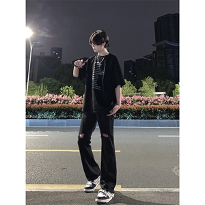 B221 美式ins高街简约小众设计毛边破洞牛仔裤 LK23067-P60 控78图片