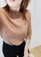 短袖高领圆领中袖针织衫打底修身洋气上衣五分T恤毛衣，女装针织衫/毛衣，半城羊绒