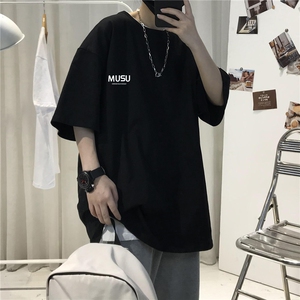 T003男士休闲字母印花宽松五分袖半截袖纯棉T恤大码男女青少年潮图片