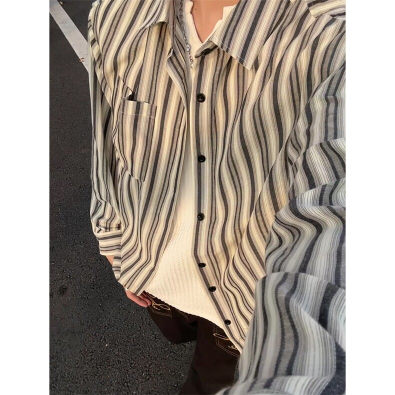 日系复古条纹衬衫男长袖宽松翻领少年感衬衣男女C2276-特价P40,男装衬衫,电商A007