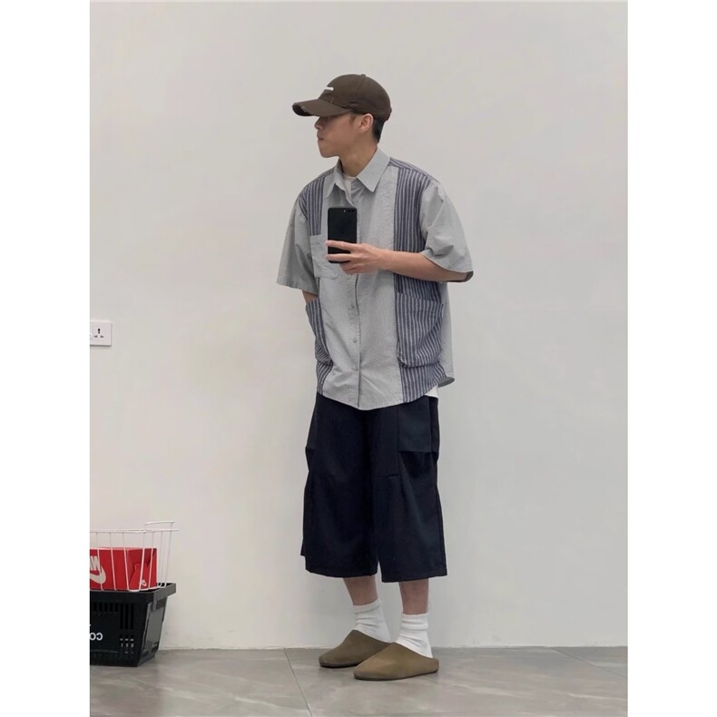 撞色拼接短衬衫宽松型其他休闲翻领夏季潮CA138-P38,男装衬衫,星座208-5