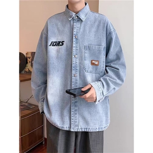 男生水洗牛仔长袖衬衫春秋季新款青少年高品质上衣服翻领休闲外套图片