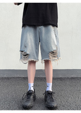 破洞男生百搭夏季撞色牛仔短裤高街D321-DK43-P50，男装牛仔裤，电商D321