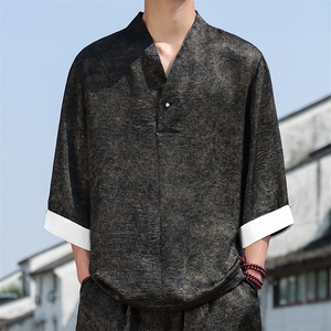 2025夏季新款男装新中式汉服衬衣风复古禅服盘扣衬衫 C97-P95图片