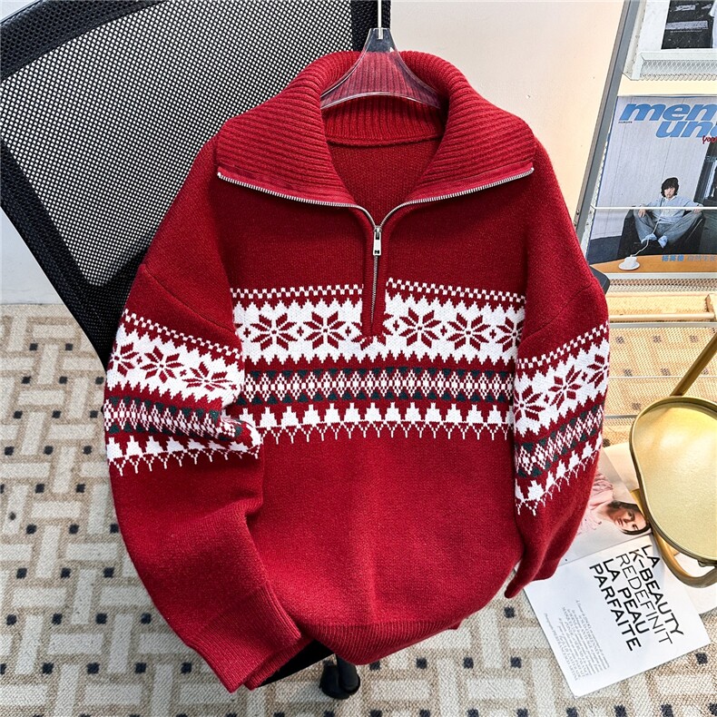 W622-P65费尔岛提花圣诞针织衫男女半拉链高领毛衣宽松潮流外套，男装针织衫/毛衣，星座911-1