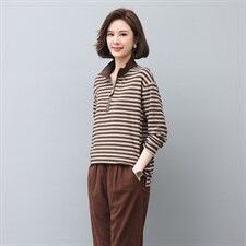 2022秋季新款半开条纹卫衣时尚优雅套头长袖休闲立领卫衣，女装卫衣/绒衫，独衣靓