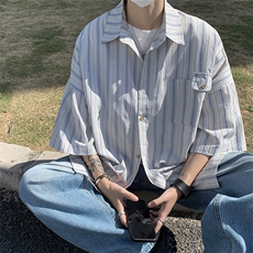 日系条纹衬衫短袖男夏季高级设计感外套潮牌痞帅港风衬衣CS07-P35，男装衬衫，星座308B-1