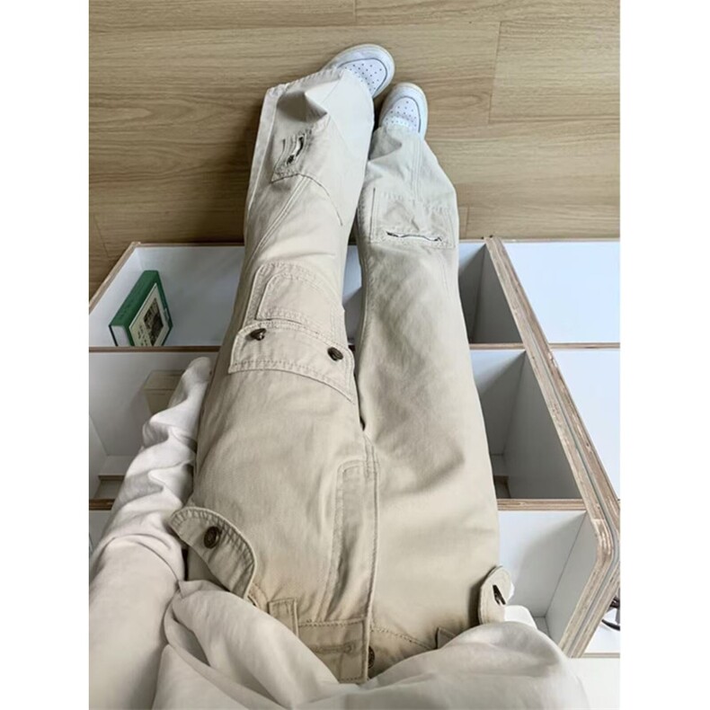 美式杏色多口袋设计感牛仔裤女高腰宽松阔腿微喇工装裤LS6966-P50,男装牛仔裤,星座1008