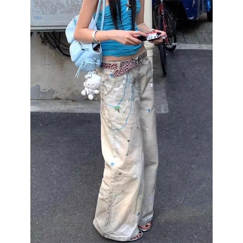 美式复古3D印花设计牛仔裤男女夏季新款宽松高腰阔腿潮牌直筒长裤,男装牛仔裤,星座1210-1