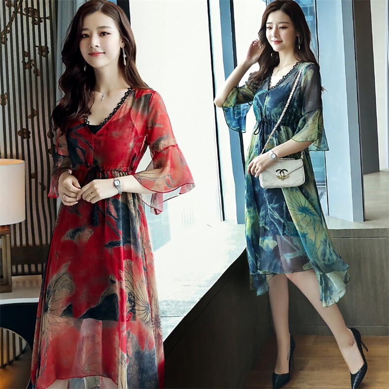 五分袖2021年夏季中长款印花蕾丝拼接大摆型荷叶袖套头宽松腰V领通勤花色雪纺连衣裙，女装连衣裙，瑶迪依秀