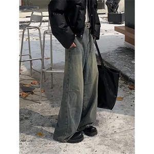 牛仔裤男秋季美式高街复古水洗做旧休闲长裤宽松直筒裤LG800-p45图片