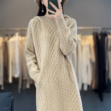 25秋冬羊绒毛衣中长款连衣裙女过膝羊毛针织毛衣裙打底连帽长裙，女装连衣裙，蒙莲贝斯